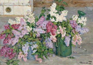 Lilac, a bucket and a watering can Artwork by Pyotr Konchalovsky