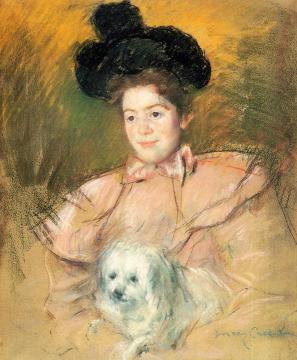 Woman in Raspberry Costume Holding a Dog Artwork by Mary Cassatt