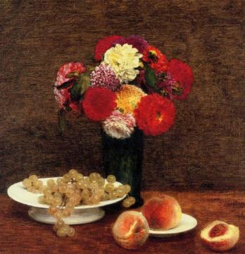 Still Life: Dahlias, Grapes And Peaches Artwork by Henri Fantin-Latour