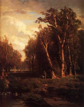 Hunter with Dog Jumping a Flock Artwork by Thomas Hill