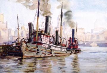 Tugboat And New York City Skyline Artwork by Reginald Marsh