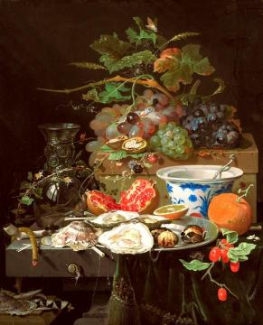Still life with fruit, oysters and a porcelain bowl Artwork by Abraham Mignon