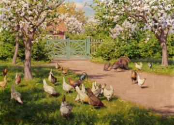 Chickens and turkeys in the garden Artwork by Johan Krouthén