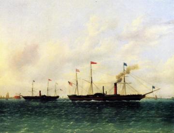 The U.S. Mail Steamship "Washington" Flying the Mail Flag Passing the "Hermann" off Governors Island Artwork by James E. Buttersworth