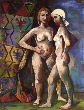 Two Girls In Front Of A Curtain Artwork by Karl Hofer