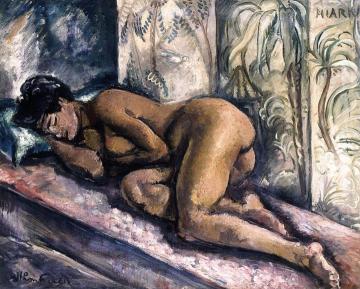 Miarka, Nude Lying On A Bed In Front Of A Screen Artwork by Emile-othon Friesz