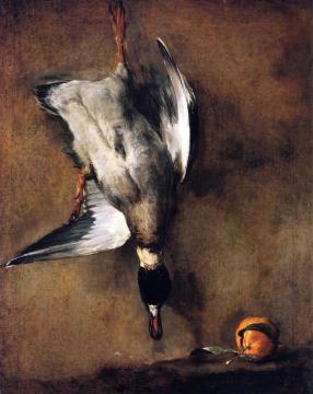 A Mallard Drake Hanging on a Wall and a Seville Orange Artwork by Jean-Baptiste-Simeon Chardin