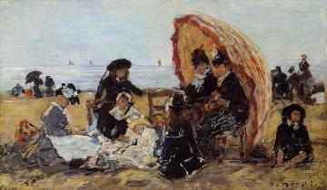 Trouville, on the Beach Sheltered by a Parasol Artwork by Eugène-Louis Boudin