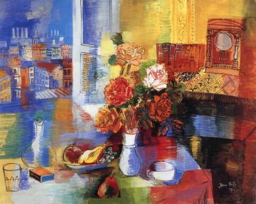 Plate Of Fruit And Bouquet Of Roses In The Studio Artwork by Jean Dufy