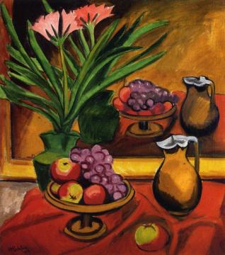Still Life with Mirror: Clivia, Fruit and Jug Artwork by Hermann Max Pechstein