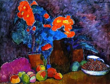 Still LIfe with Flowers, Fruit and Bottle Artwork by Alexej Jawlensky