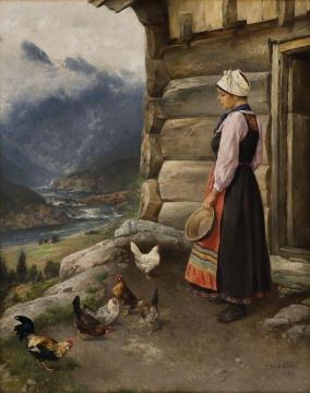 Milkmaid with hens and a cock Artwork by Axel Hjalmar Ender