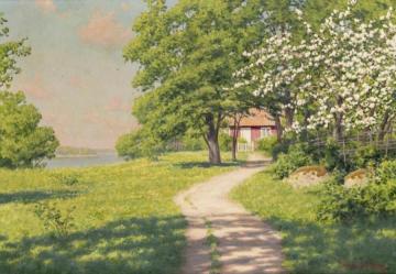 Cottage with flowering fruit trees Artwork by Johan Krouthén