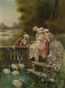 Feeding The Swans Artwork by Hans Zatzka
