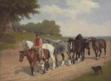 A groom with a string of carthorses and a dog, on a country road Artwork by Jacques-Laurent Agasse