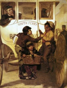 A Newspaper Boy Hitching a Ride Artwork by John George Brown
