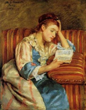 Mrs. Duffee Seated on a Striped Sofa, Reading Artwork by Mary Cassatt