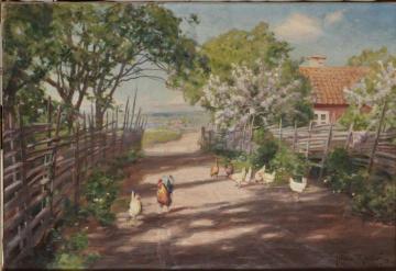 Courtyard with rooster and hens Artwork by Johan Krouthén