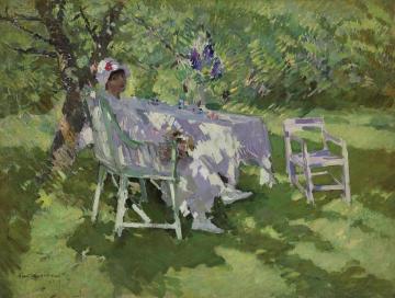Woman In White Sitting In The Garden Artwork by Constantin Alexeevich Korovin