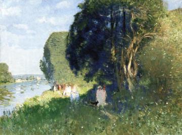 Strollers on the Banks of the Seine a Veneux les Sablons Artwork by Pierre Eugène Montézin