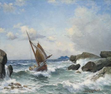 Sailing in the narrow strait Artwork by Lauritz Haaland
