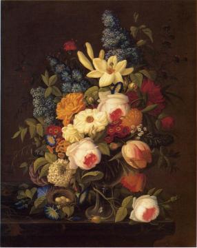 Floral Still Life with Nest of Eggs Artwork by Severin Roesen