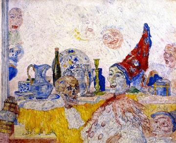 Pierrot and Skeleton in a Yellow Robe Artwork by James Ensor