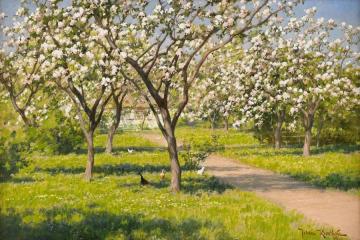 Farm idyll with blooming apple trees and chickens Artwork by Johan Krouthén
