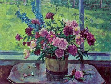 Peonies at the window Artwork by Pyotr Konchalovsky