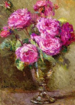 Bouquet of Roses in a Footed Glass Artwork by Albert Lebourg