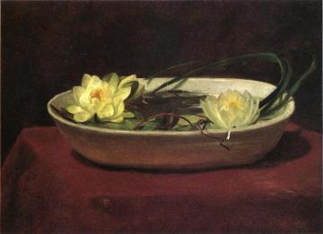 Waterlilies in a White Bowl - with Red Table Cover Artwork by John La Farge