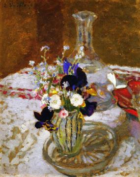 Bouquet Of Pansies, Myosotis And Daisies In Front Of A Carafe, On A Table Artwork by Edouard Vuillard