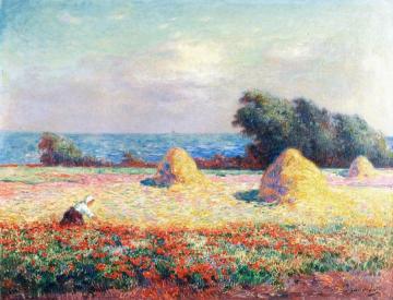 Stacks of Hay and Field of Poppies Artwork by Ferdinand du Puigaudeau