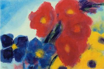Dahlias and Blue Clematis Artwork by Emil Nolde