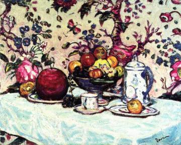 Still LIfe against Flowered Wall Paper Artwork by Arthur Dove