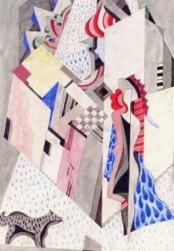 Cityscape with Woman and Dog Artwork by Béla Kádár