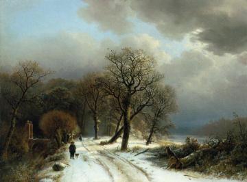 A Figure Walking His Dog on a Path in a Winter Landscape Artwork by Barend Cornelis Koekkoek