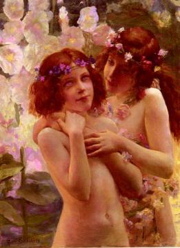 Two Children with Crowns of Flowers Artwork by Gaston Bussiere