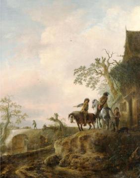 Horsemen Halting at an Inn, a Shepherd Driving his Flock across a Bridge beyond Artwork by Isaac van Ostade