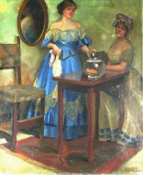 A lady admiring her goldfish Artwork by Emil Pap