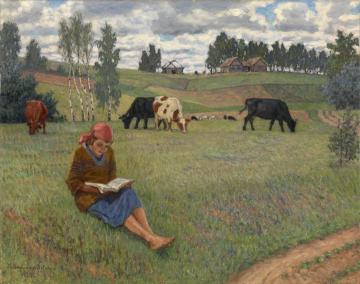Girl Reading In A Meadow Artwork by Nikolai Petrovich Bogdanov-belsky