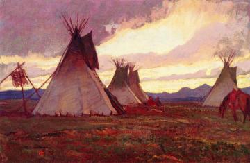 Teepees At Sunset Artwork by Maynard Dixon