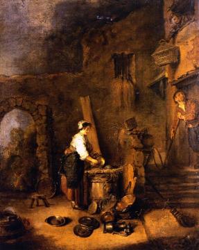 Woman Cleaning Copper Artwork by Jean-Antoine Watteau