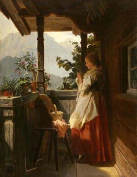 Girl Knitting on the Balcony Artwork by Ludwig Vollmar