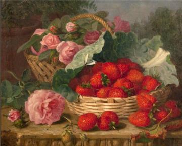 Still life of strawberries, roses, cabbage leaf and butterfly on a limestone ledge Artwork by Eloise Harriet Stannard