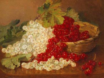 Still life red and white currants with a wicker basket Artwork by Eloise Harriet Stannard