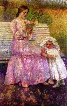 Mother and Child on a Bench Artwork by Leon De Smet