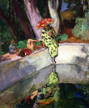 Le Pradet, Woman and Children by a Pool Artwork by Henri Lebasque