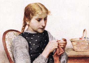 Knitting Girl Artwork by Albert Anker