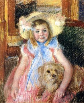 Sara in a Large Flowered Hat, Looking Right, Holding Her Dog Artwork by Mary Cassatt